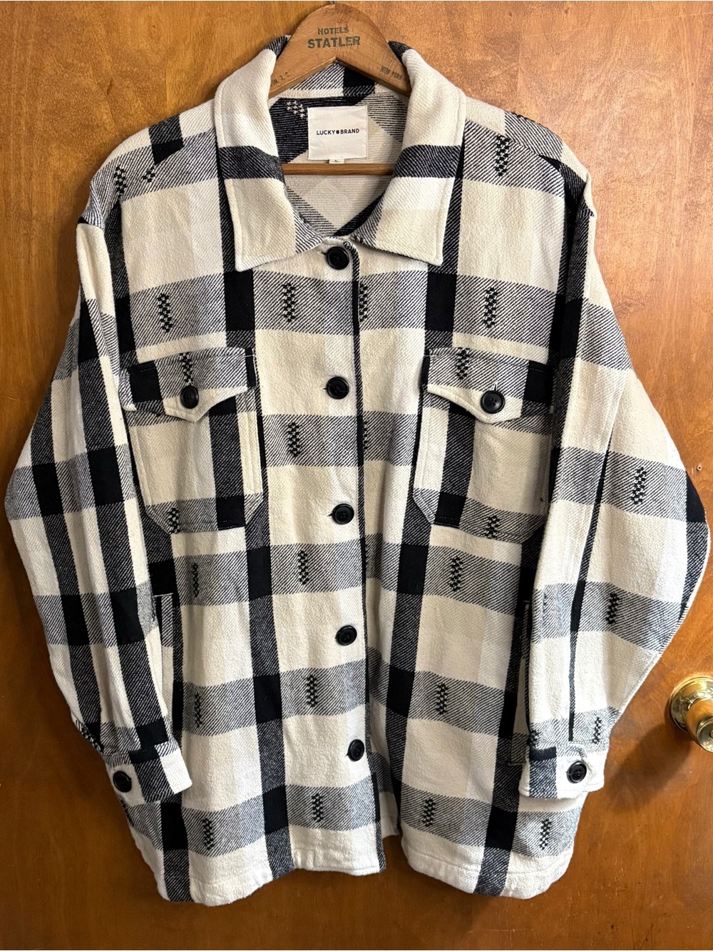 Lucky Brand Black & Cream Plaid Oversized Shacket Button Up Flannel Shirt XL Y2K